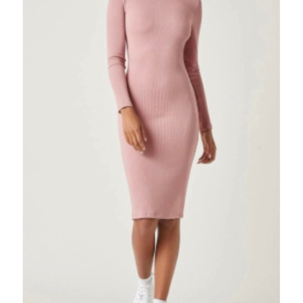 Babaton Aritzia Ribbed Knit Long Sleeve Bodycon Midi Sweater Womens M Dress Pink